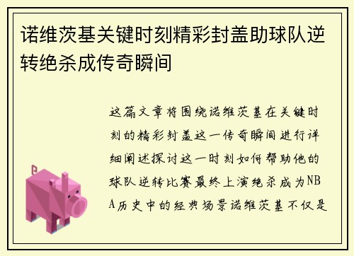 诺维茨基关键时刻精彩封盖助球队逆转绝杀成传奇瞬间