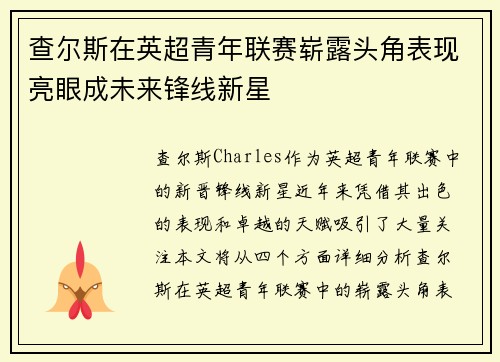 查尔斯在英超青年联赛崭露头角表现亮眼成未来锋线新星
